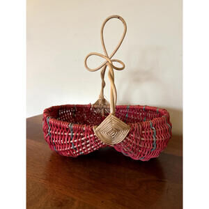 Woven Wicker Buttocks Basket with Looped Rattan Handle 12"x13" (Red, Tan, Aqua)